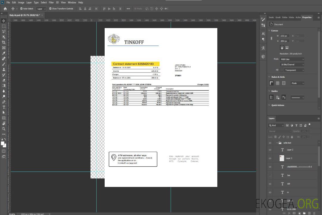 Modèle de relevé de preuve d'adresse de la banque Tinkoff de Russie (version anglaise) au format Word et PDF template